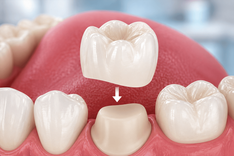 Dental crown being fitted over a prepared tooth